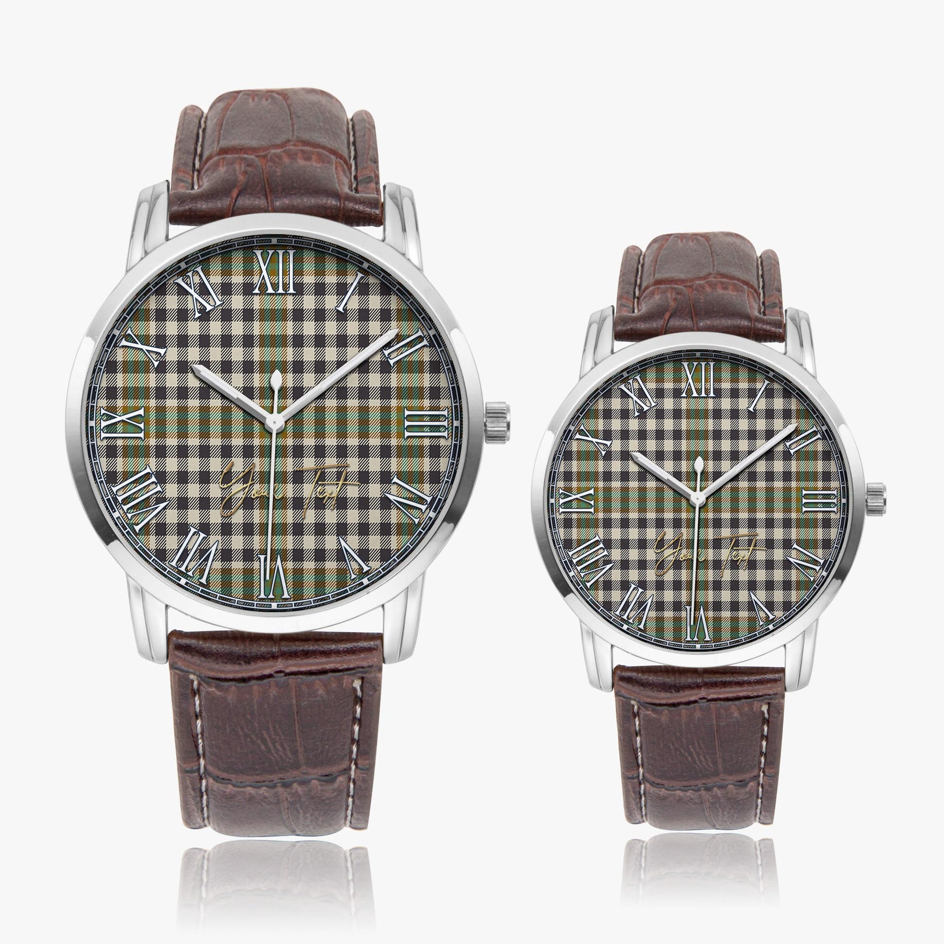 Burns Check Tartan Personalized Your Text Leather Trap Quartz Watch Wide Type Silver Case With Brown Leather Strap - Tartanvibesclothing