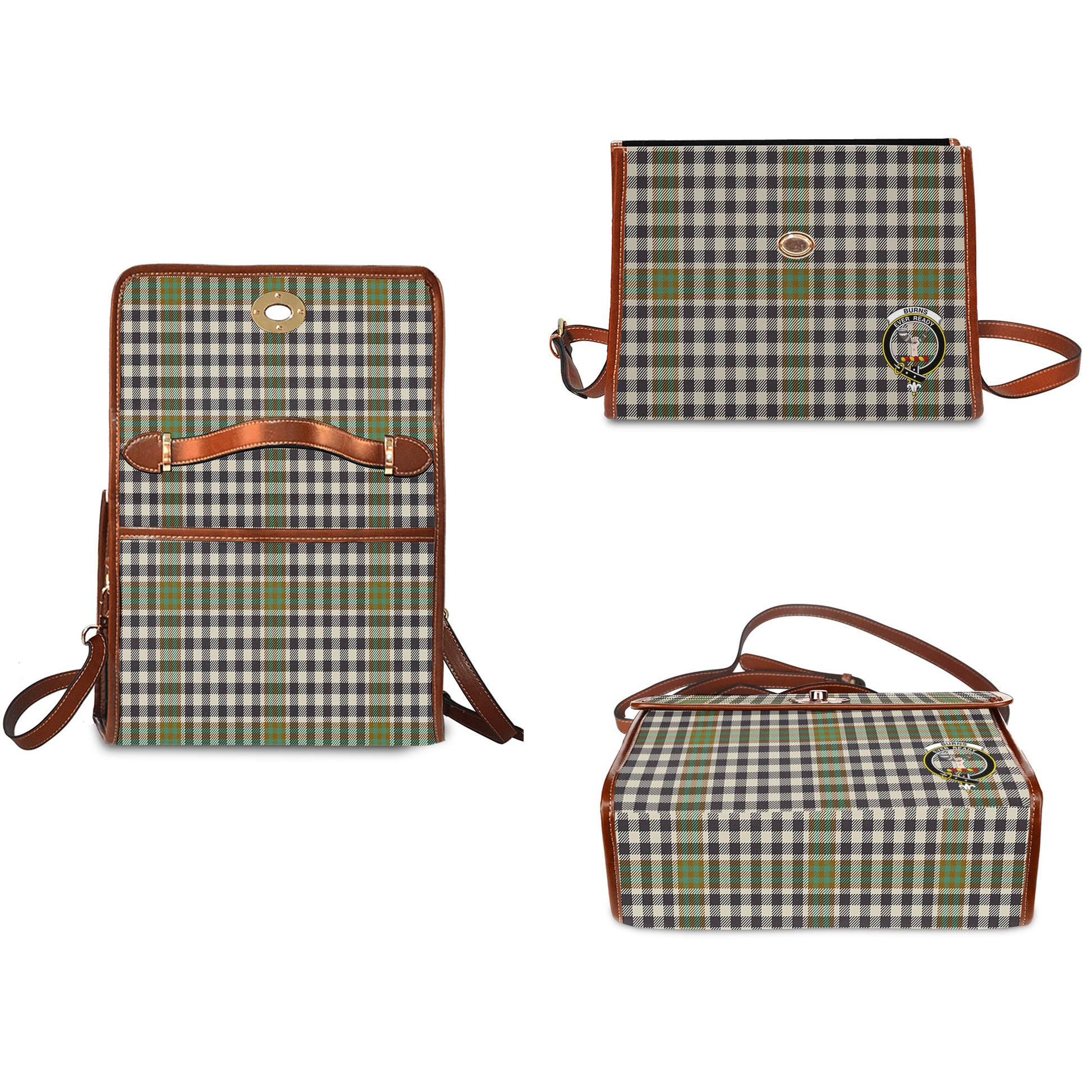 Burns Check Tartan Leather Strap Waterproof Canvas Bag with Family Crest