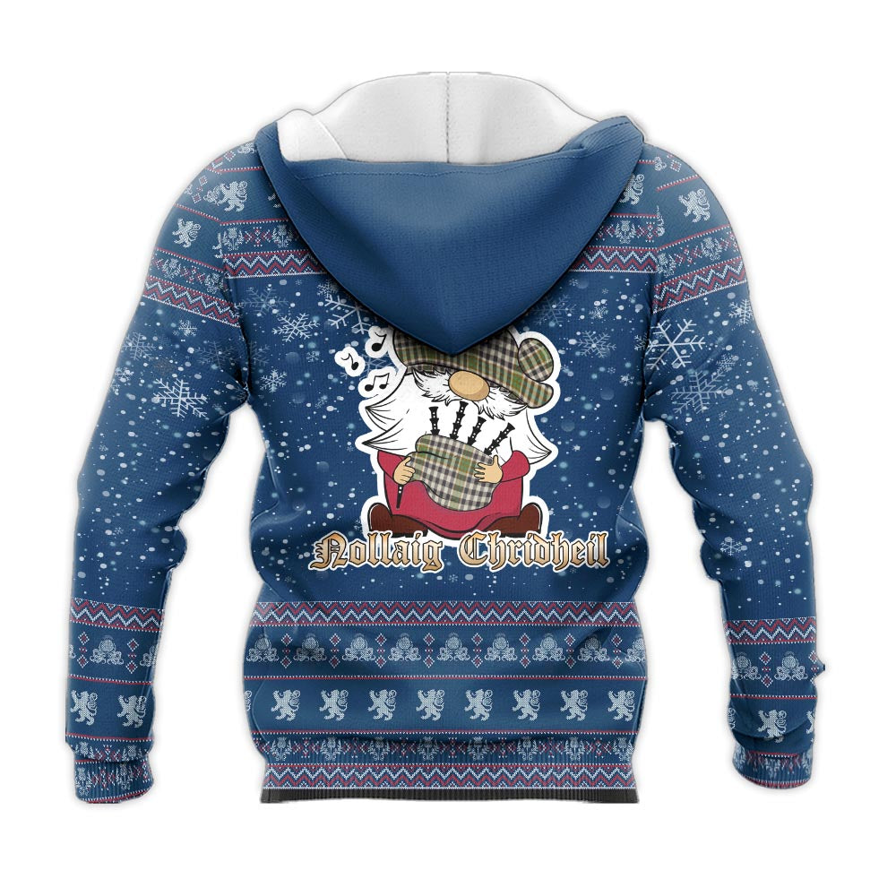 Burns Check Clan Christmas Knitted Hoodie with Funny Gnome Playing Bagpipes - Tartanvibesclothing