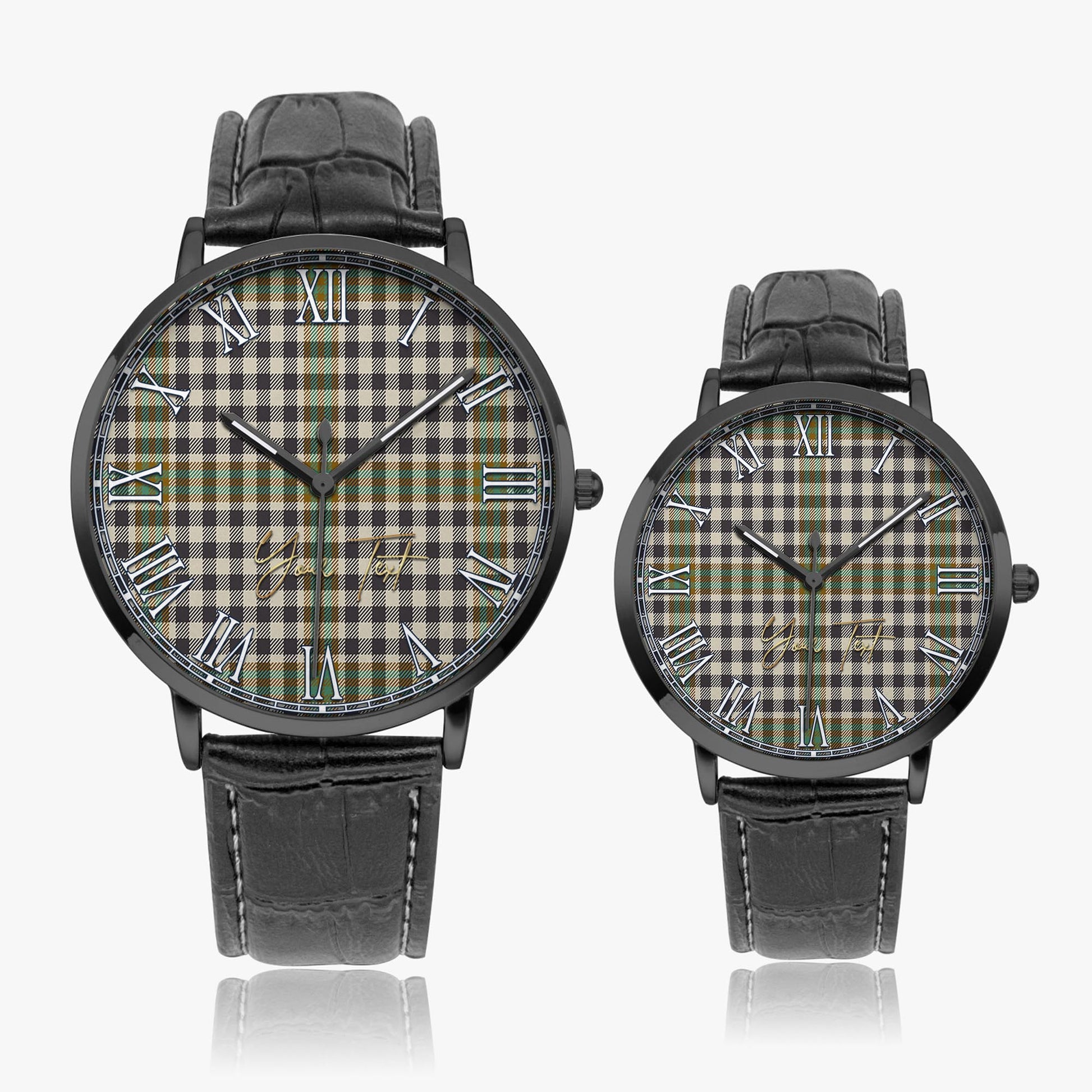 Burns Check Tartan Personalized Your Text Leather Trap Quartz Watch Ultra Thin Black Case With Black Leather Strap - Tartanvibesclothing