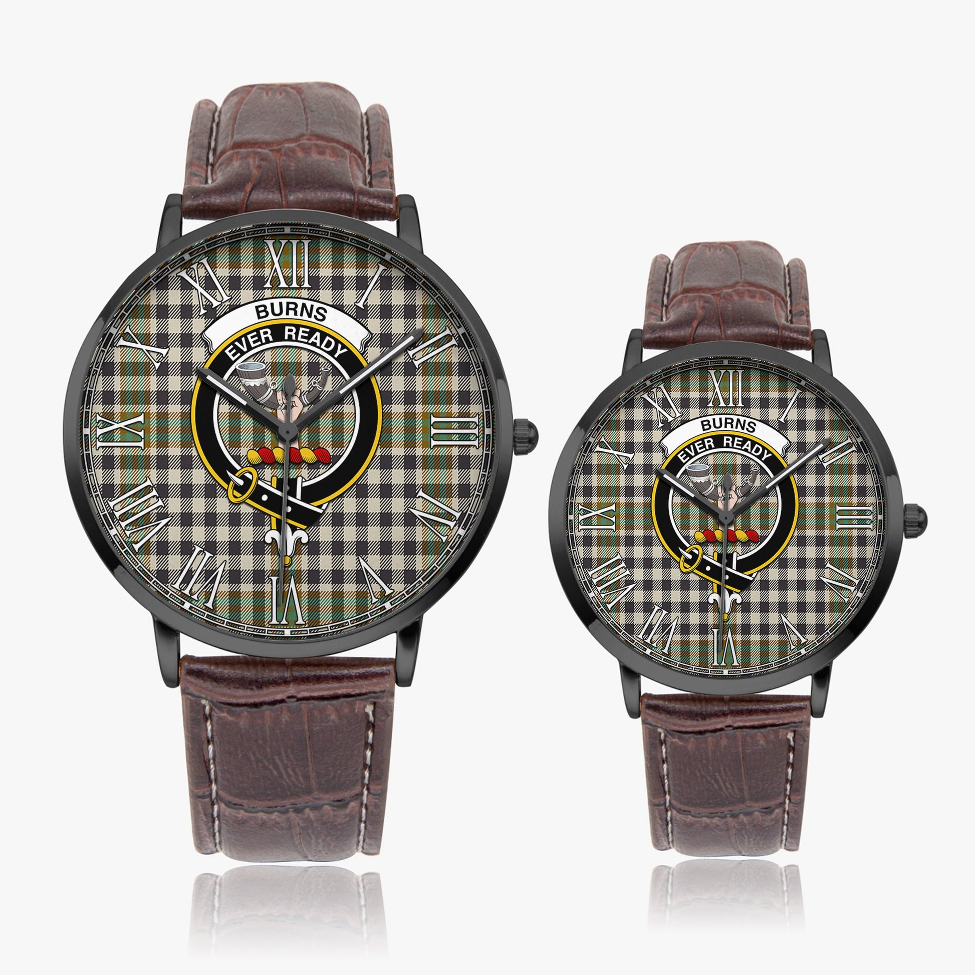 Burns Check Tartan Family Crest Leather Strap Quartz Watch - Tartanvibesclothing