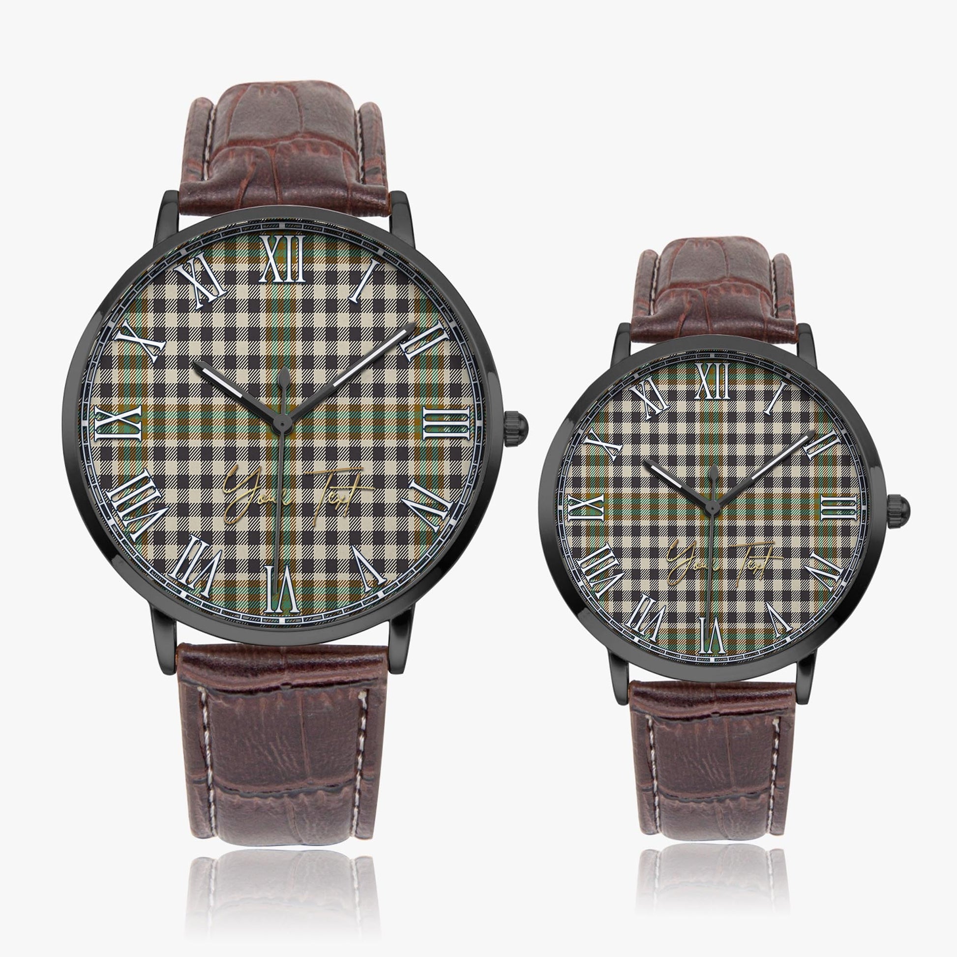 Burns Check Tartan Personalized Your Text Leather Trap Quartz Watch Ultra Thin Black Case With Brown Leather Strap - Tartanvibesclothing
