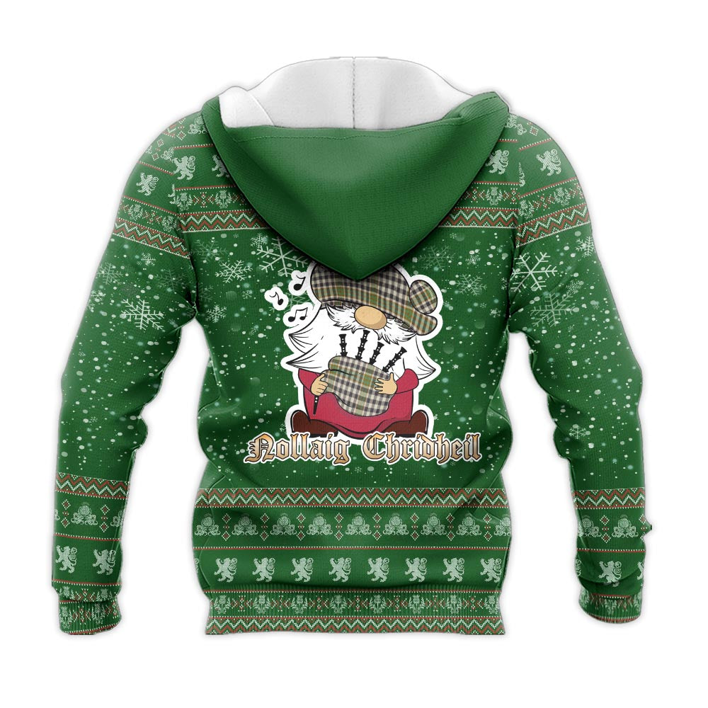 Burns Check Clan Christmas Knitted Hoodie with Funny Gnome Playing Bagpipes - Tartanvibesclothing