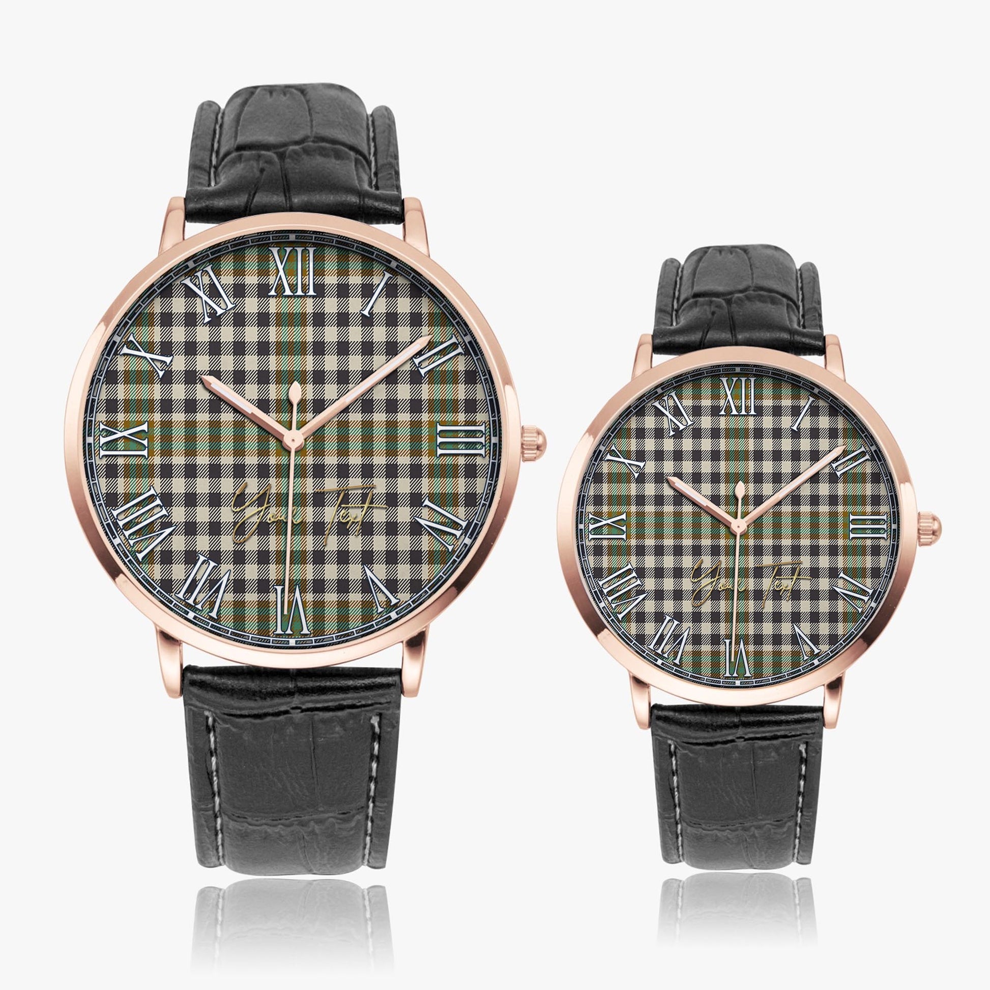 Burns Check Tartan Personalized Your Text Leather Trap Quartz Watch Ultra Thin Rose Gold Case With Black Leather Strap - Tartanvibesclothing