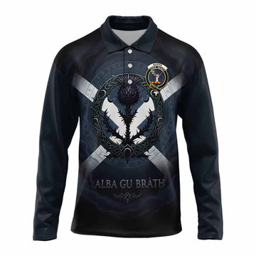 Burns Clan Crest Long Sleeve Polo Shirt with Celtic Knot Thistle and Saltire