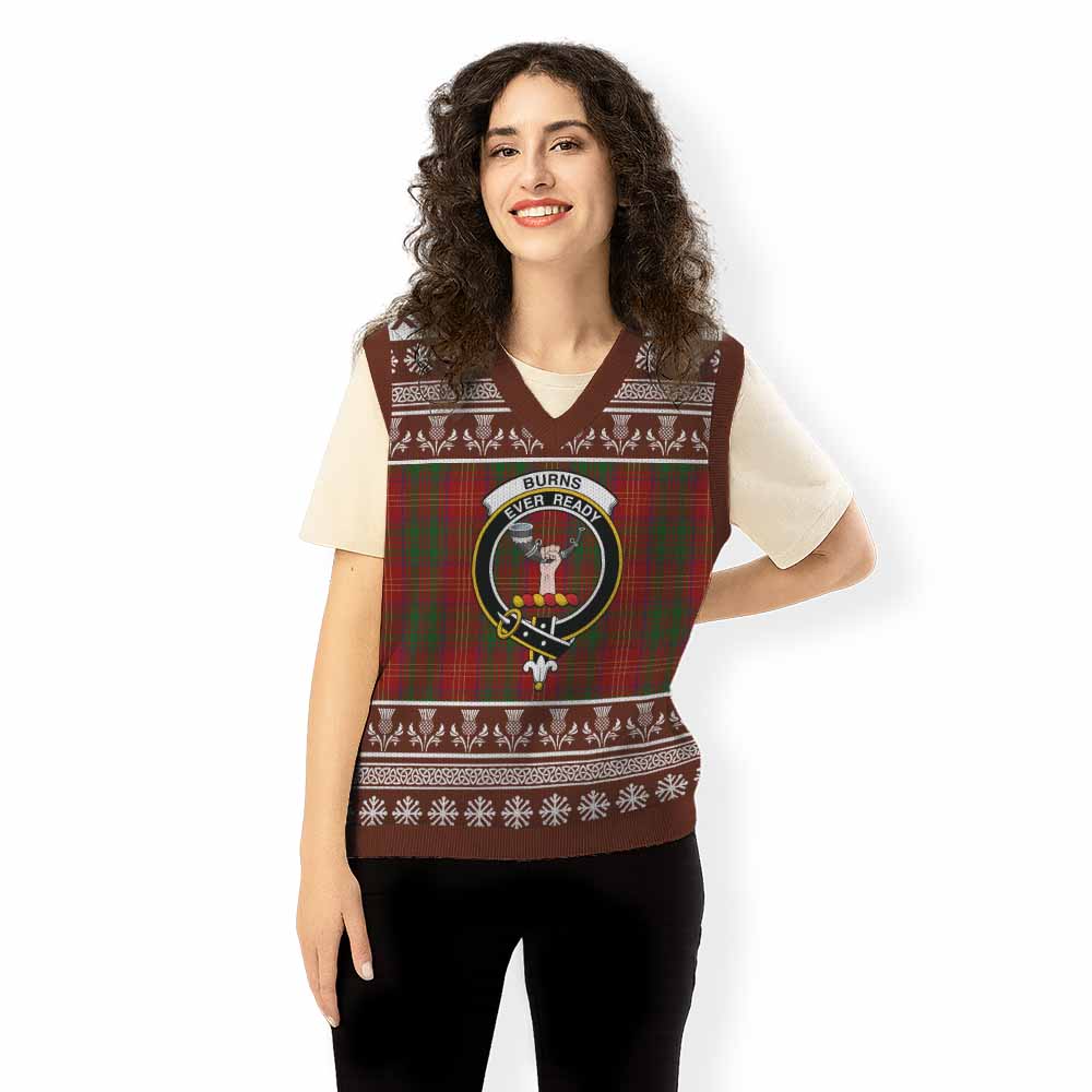 Burns Clan Tartan Christmas Knitted V-Neck Vest with Family Crest - Tartan Vibes Clothing