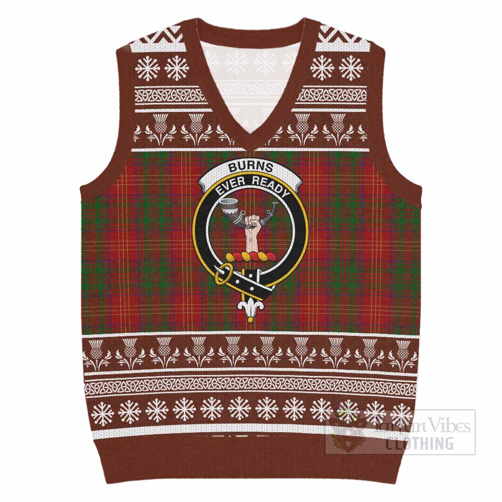 Burns Clan Tartan Christmas Knitted V-Neck Vest with Family Crest - Tartan Vibes Clothing