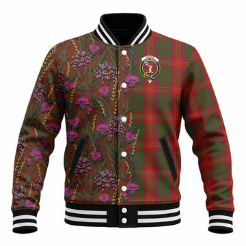 Burns Family Crest Tartan Baseball Jacket Scottish Thistle Flower Pattern Half Style