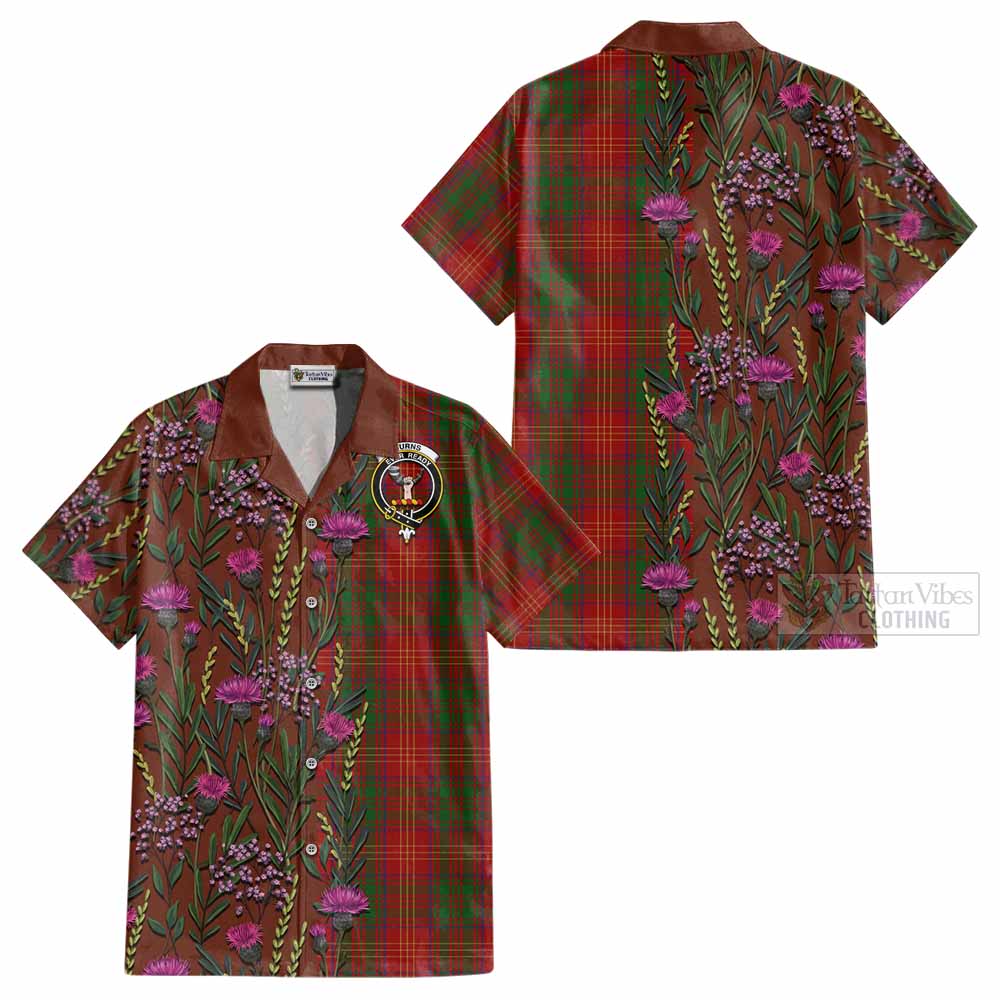 Burns Family Crest Tartan Cotton Hawaiian Shirt Scottish Thistle Flower Pattern Half Style - Tartan Vibes Clothing