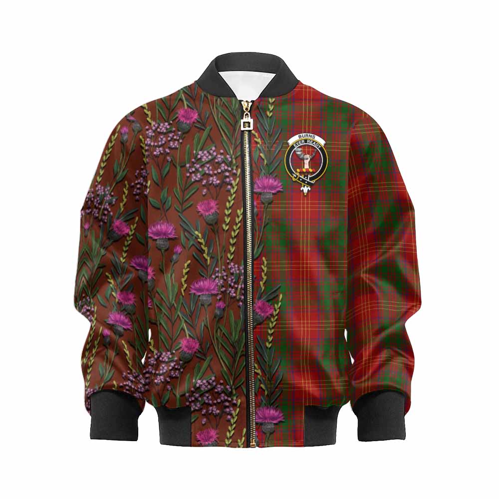 Burns Family Crest Tartan Kid Bomber Jacket Scottish Thistle Flower Pattern Half Style - Tartan Vibes Clothing