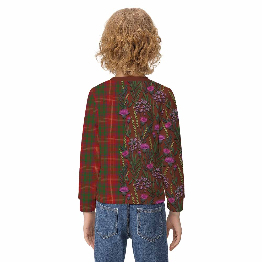 Burns Family Crest Tartan Kid Knitted Sweatshirt Scottish Thistle Flower Pattern Half Style - Tartan Vibes Clothing