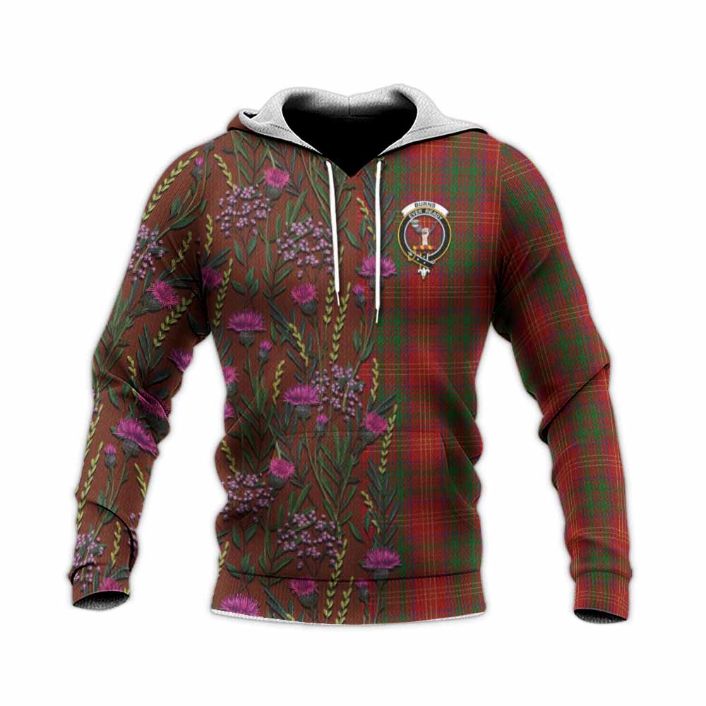 Burns Family Crest Tartan Knitted Hoodie Scottish Thistle Flower Pattern Half Style - Tartan Vibes Clothing