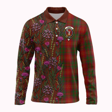 Burns Family Crest Tartan Long Sleeve Polo Shirt Scottish Thistle Flower Pattern Half Style