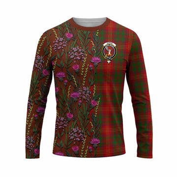 Burns Family Crest Tartan Long Sleeve T-Shirt Scottish Thistle Flower Pattern Half Style - Tartan Vibes Clothing