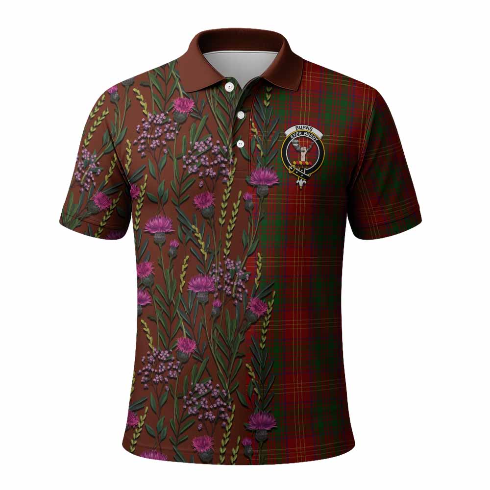 Burns Family Crest Tartan Polo Shirt Scottish Thistle Flower Pattern Half Style - Tartan Vibes Clothing