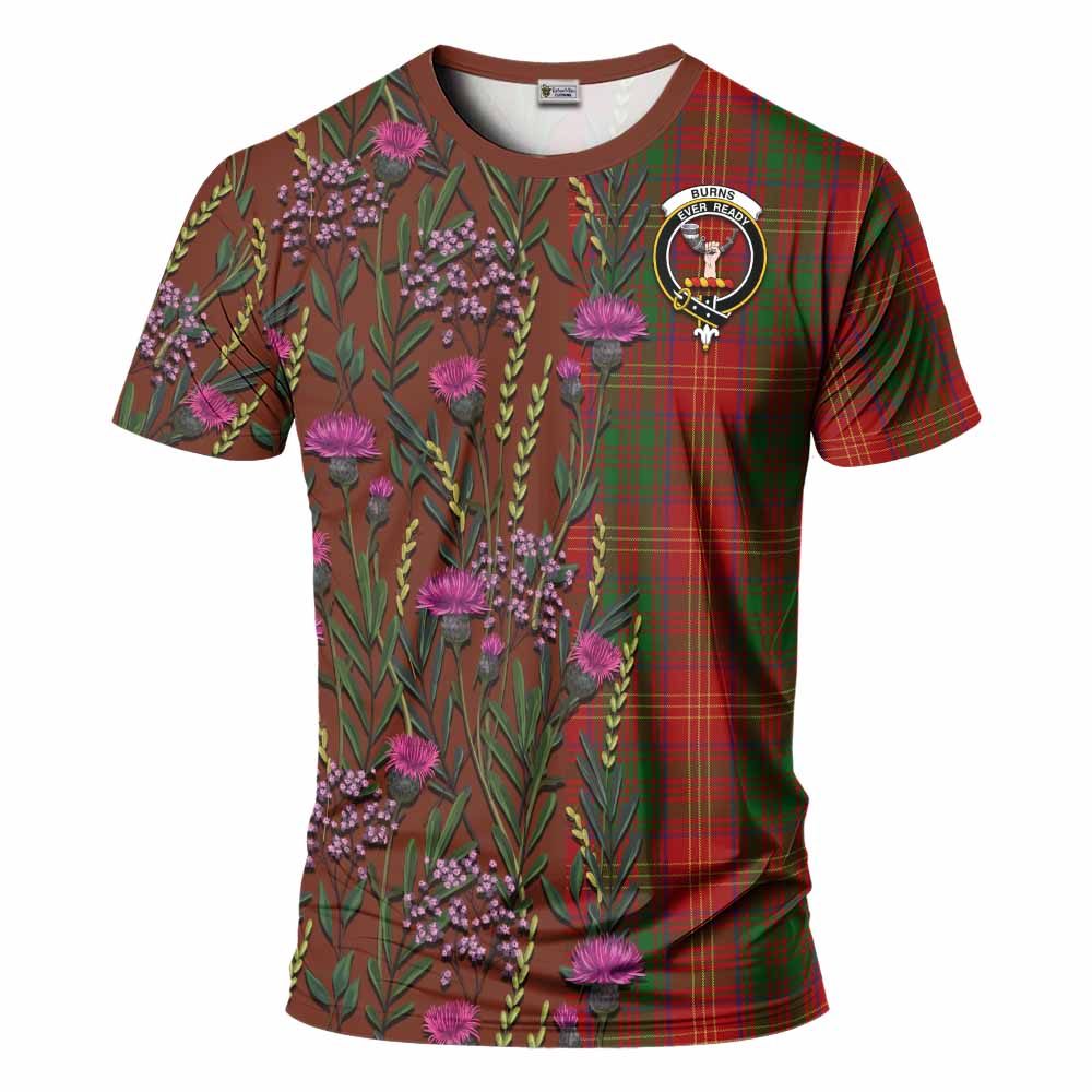 Burns Family Crest Tartan T-Shirt Scottish Thistle Flower Pattern Half Style - Tartan Vibes Clothing