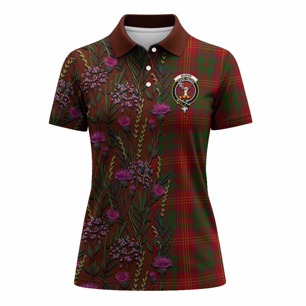 Burns Family Crest Tartan Women Polo Shirt Scottish Thistle Flower Pattern Half Style - Tartan Vibes Clothing