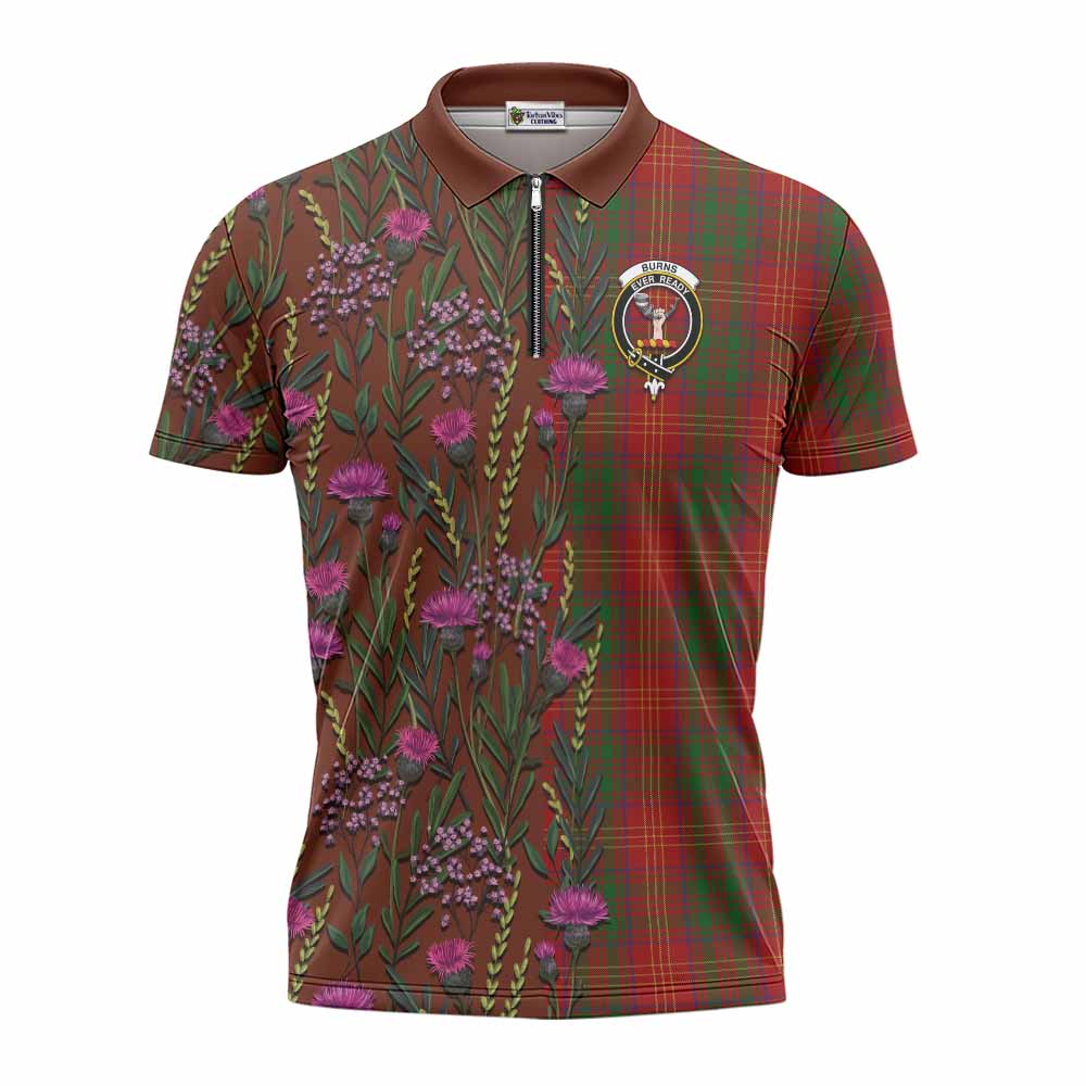 Burns Family Crest Tartan Zipper Polo Shirt Scottish Thistle Flower Pattern Half Style - Tartan Vibes Clothing