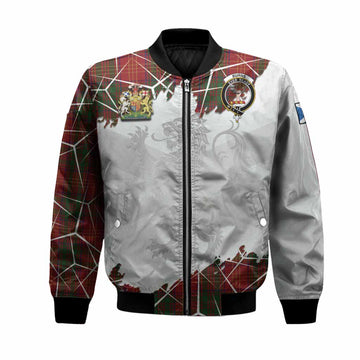 Burns Tartan Bomber Jacket with Family Crest and Lion Rampant Grunge Style