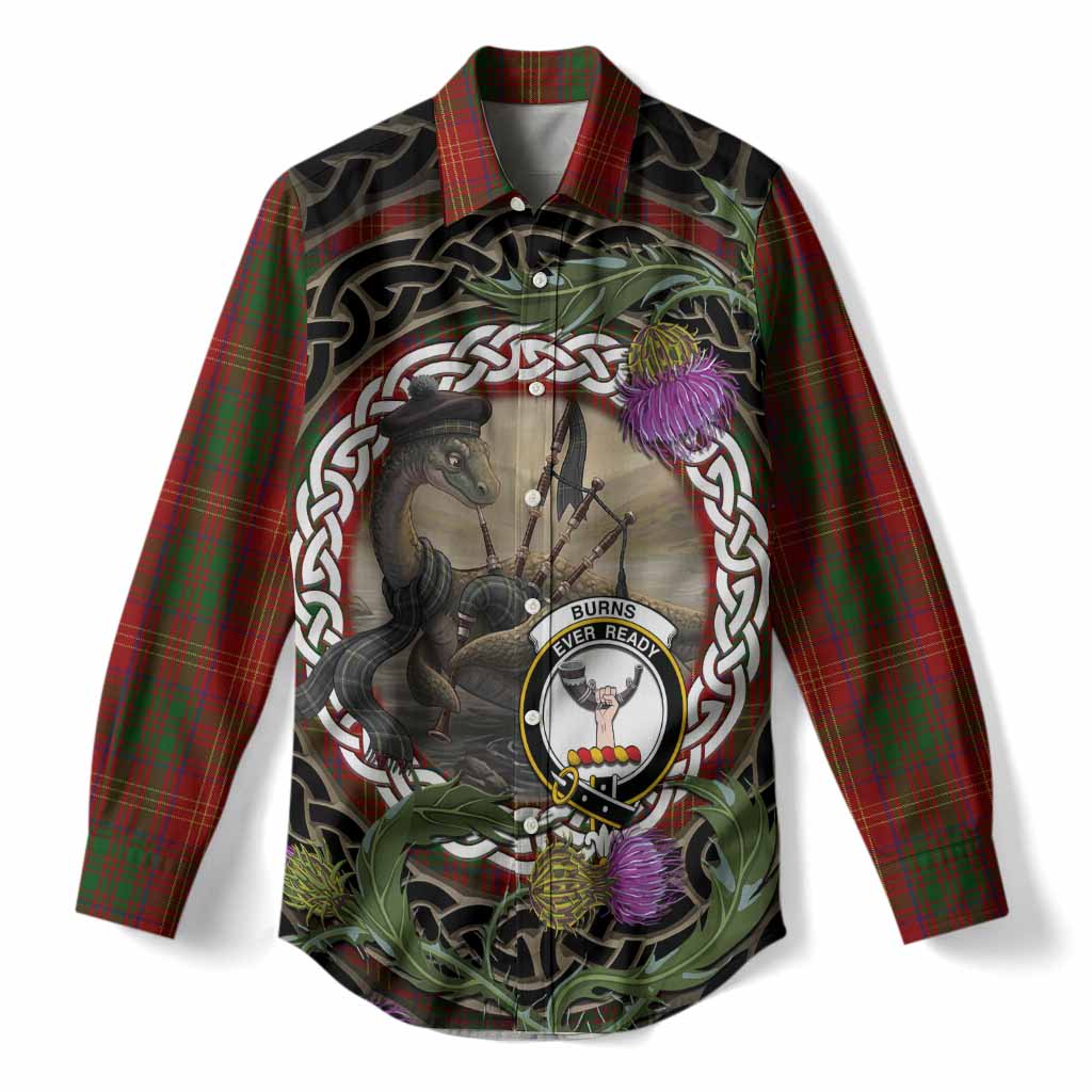 Burns Tartan Crest Bagpipe Nessie Women Casual Shirt Scottish Loch Ness Monster Celtic Thistle
