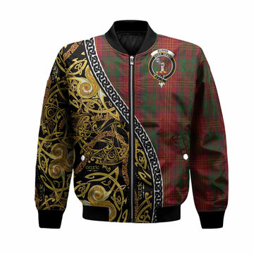Burns Tartan Crest Bomber Jacket Celtic Knot and Triple Trickle Spiral Symbols
