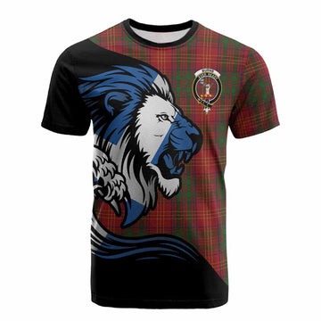 Burns Tartan Crest Cotton T-shirt Scottish Golden Lions Wave Flow