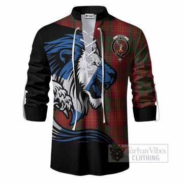 Burns Tartan Crest Ghillie Shirt Scottish Golden Lions Wave Flow