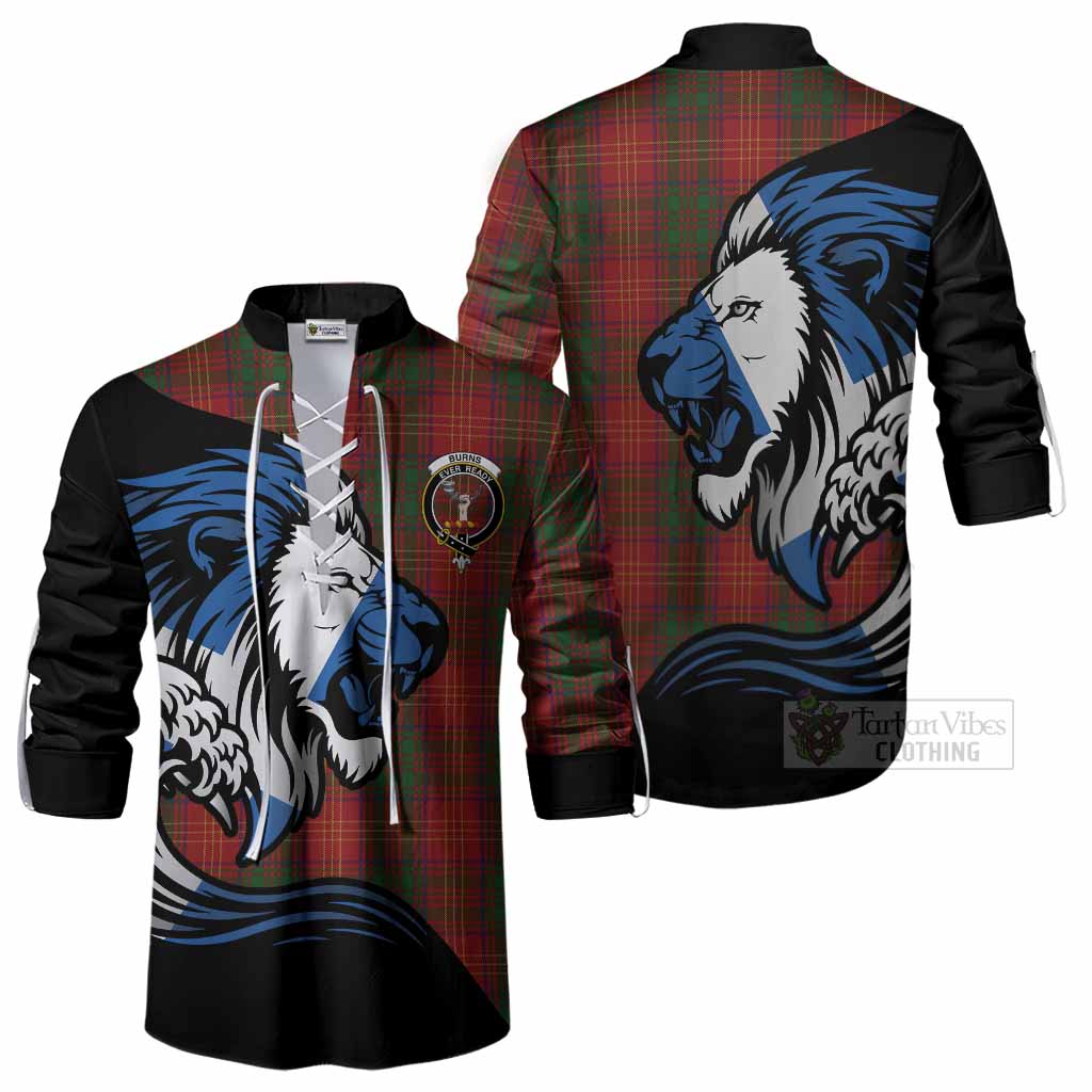 Burns Tartan Crest Ghillie Shirt Scottish Golden Lions Wave Flow