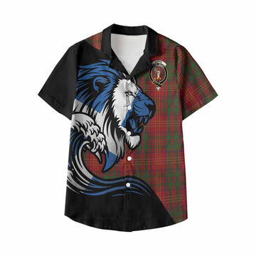 Burns Tartan Crest Kid Hawaiian Shirt Scottish Golden Lions Wave Flow