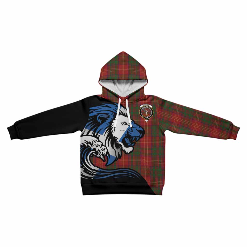 Burns Tartan Crest Kid Hoodie Scottish Golden Lions Wave Flow