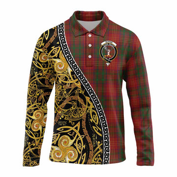 Burns Tartan Crest Long Sleeve Polo Shirt Celtic Knot and Triple Trickle Spiral Symbols