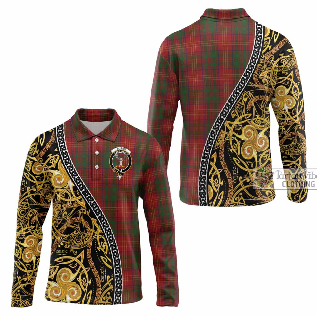 Burns Tartan Crest Long Sleeve Polo Shirt Celtic Knot and Triple Trickle Spiral Symbols