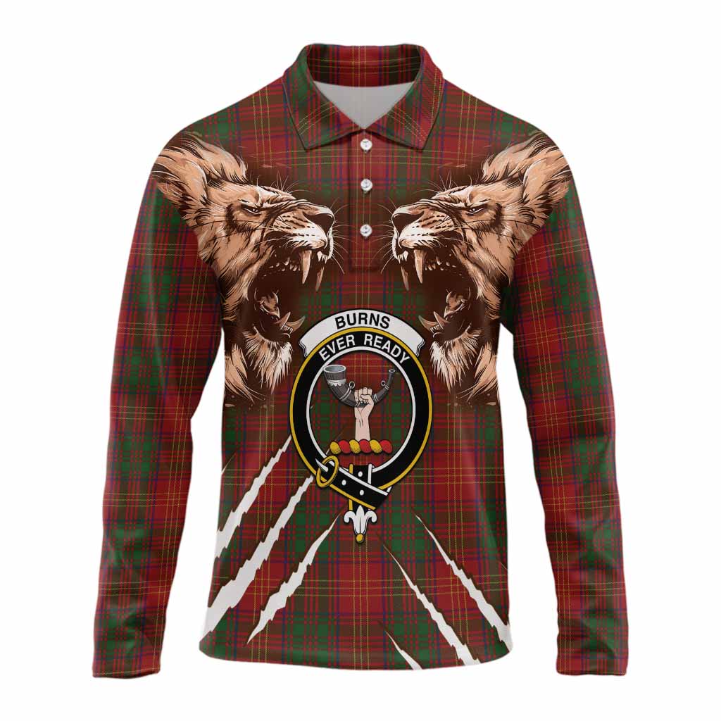Burns Tartan Crest Long Sleeve Polo Shirt Ferocious Lion Style