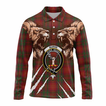Burns Tartan Crest Long Sleeve Polo Shirt Ferocious Lion Style