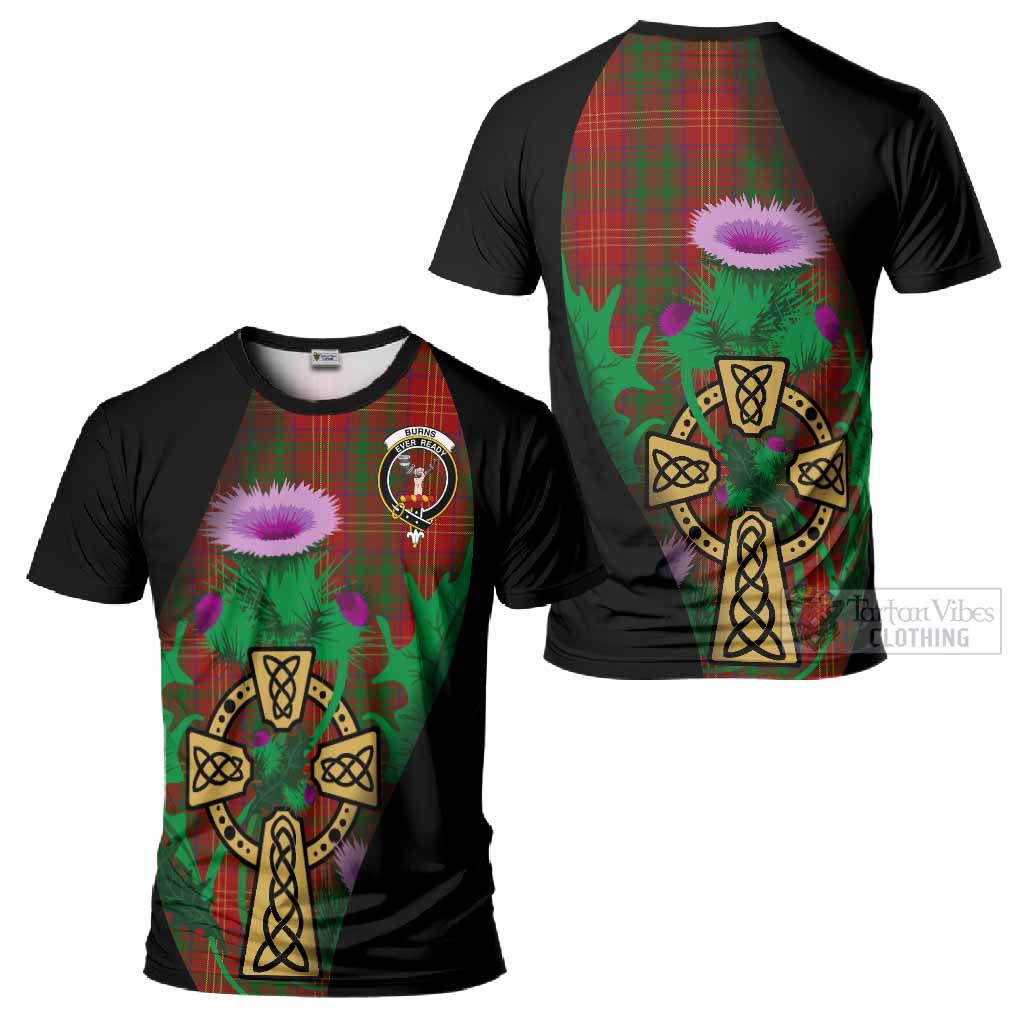 Burns Tartan Crest T-Shirt Celtic Cross Thistle Flowers
