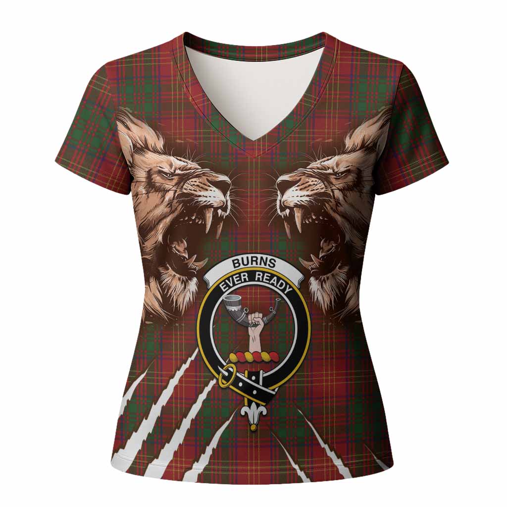 Burns Tartan Crest Women T shirt Ferocious Lion Style Women V-Neck - Tartan Vibes Clothing