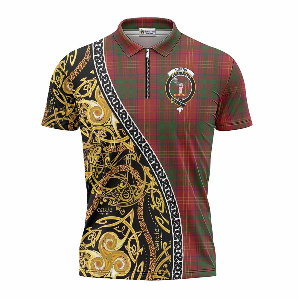 Burns Tartan Crest Zipper Polo Shirt Celtic Knot and Triple Trickle Spiral Symbols