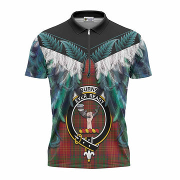 Burns Tartan Crest Zipper Polo Shirt New Zealand Maori Korowai Cloak