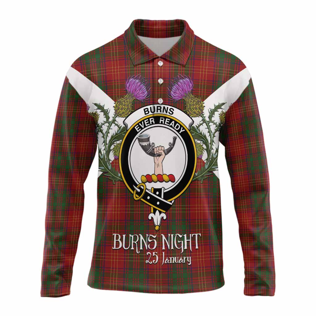 Burns Tartan Family Crest Long Sleeve Polo Shirt Scottish Burns Night Thistle Floral