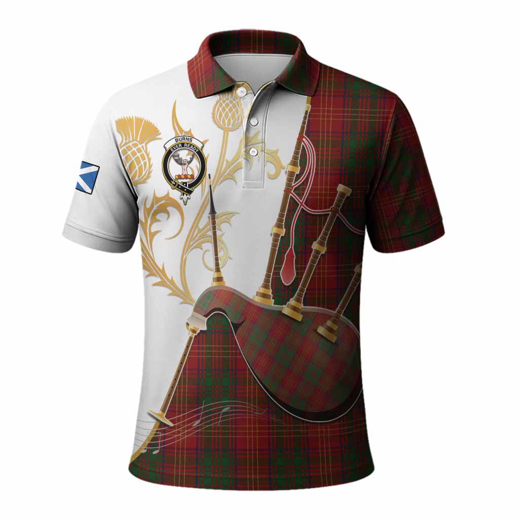 Burns Tartan Family Crest Polo Shirt Bagpipes with Scottish Thistle