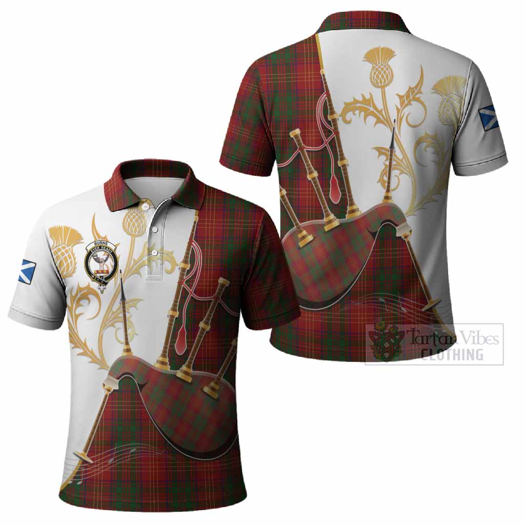 Burns Tartan Family Crest Polo Shirt Bagpipes with Scottish Thistle