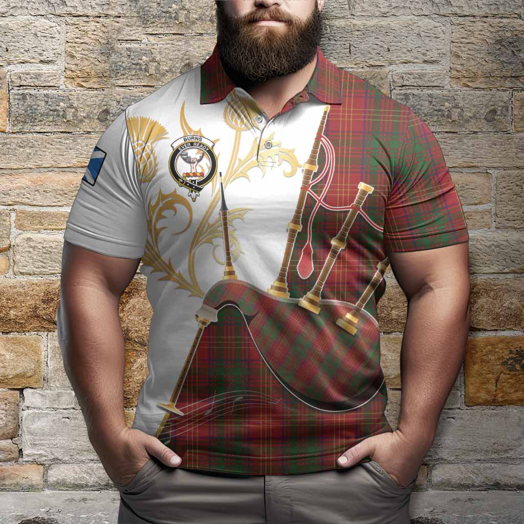 Burns Tartan Family Crest Polo Shirt Bagpipes with Scottish Thistle
