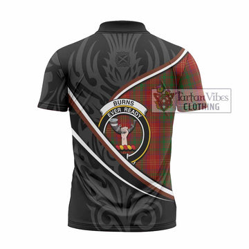 Burns Tartan Family Crest Zipper Polo Shirt Celtic Scottish Thistle Floral