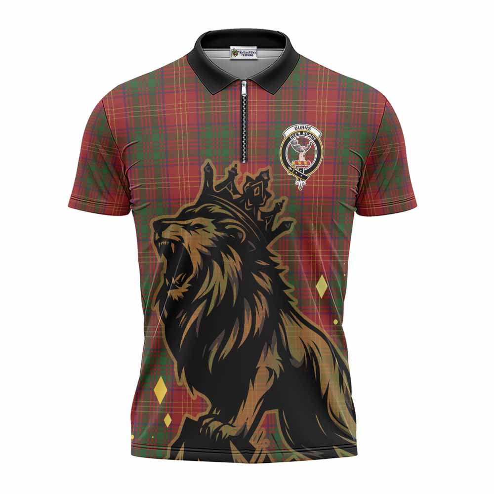Burns Tartan Family Crest Zipper Polo Shirt Crowned Lion Roaring