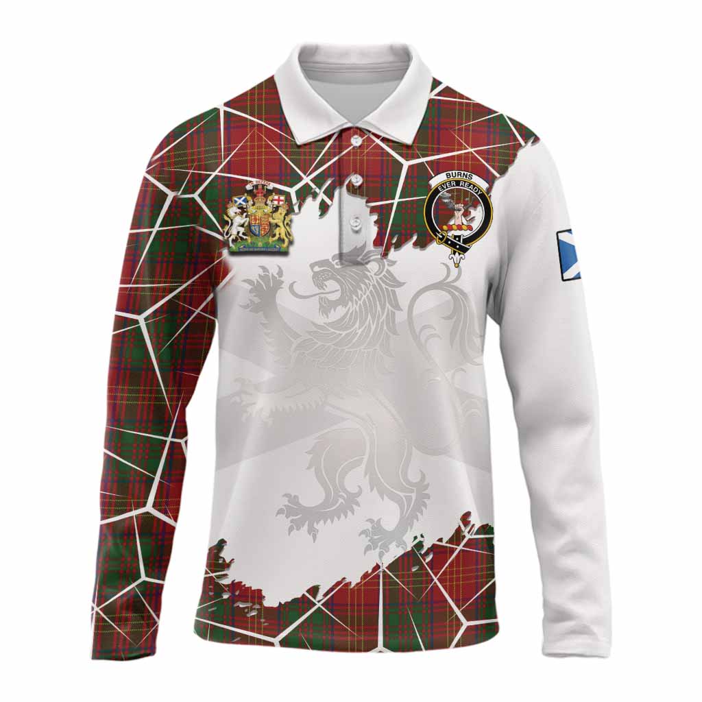 Burns Tartan Long Sleeve Polo Shirt with Family Crest and Lion Rampant Grunge Style