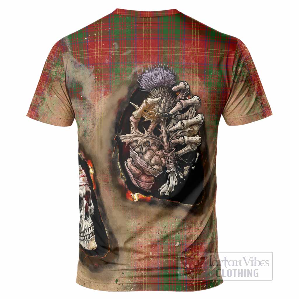 Burns Tartan T-Shirt Halloween Skeleton With Thistle Burning Effect