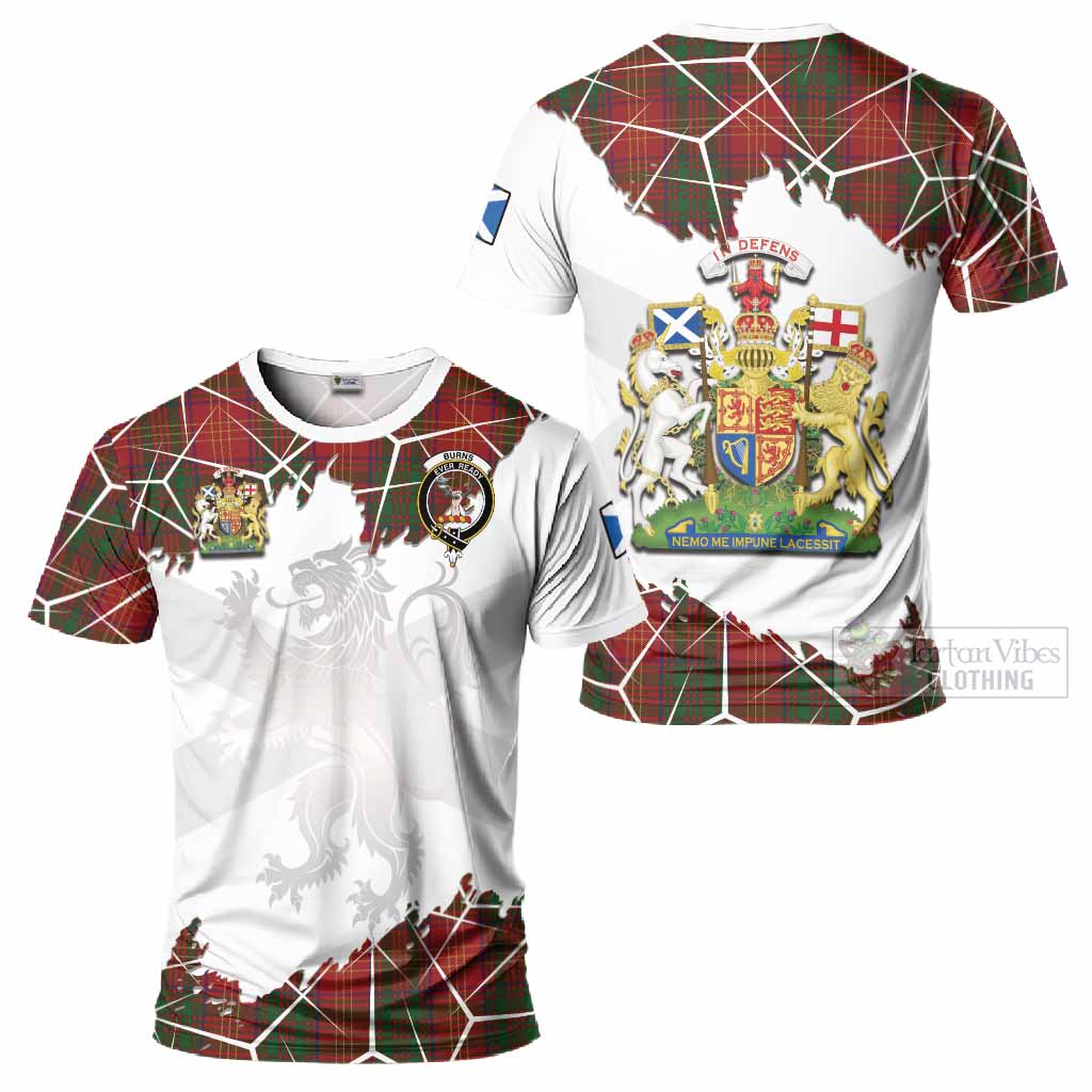 Burns Tartan T-Shirt with Family Crest and Lion Rampant Grunge Style