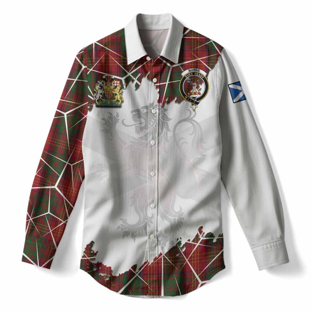 Burns Tartan Women Casual Shirt with Family Crest and Lion Rampant Grunge Style