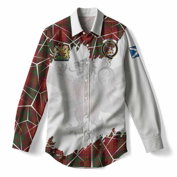 Burns Tartan Women Casual Shirt with Family Crest and Lion Rampant Grunge Style