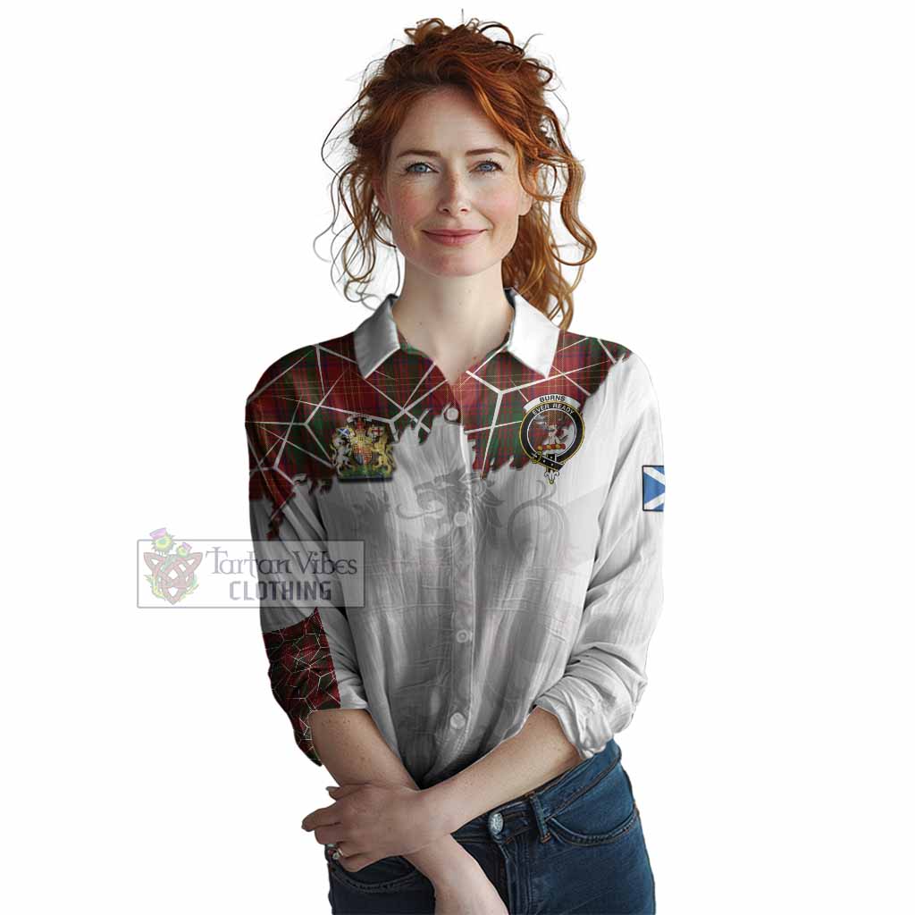 Burns Tartan Women Casual Shirt with Family Crest and Lion Rampant Grunge Style